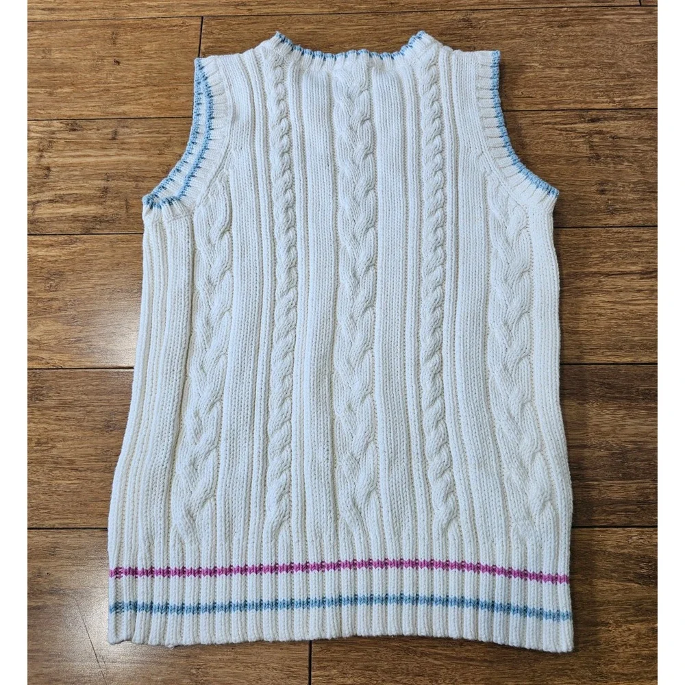White + Warren‎ Cable Knit Sweater Vest Women S Cream Preppy Tennis Striped